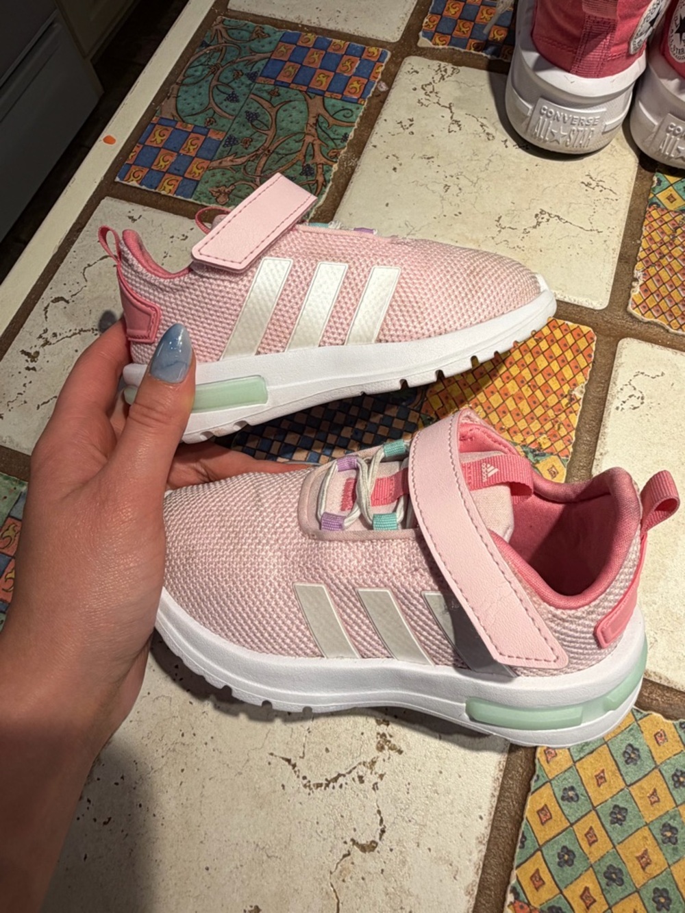 adidas toddler Pink Mesh Sneakers with White Stripes